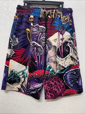 Encrypted Multicolor Graphic Swim Shorts - Vibrant Mushroom Print